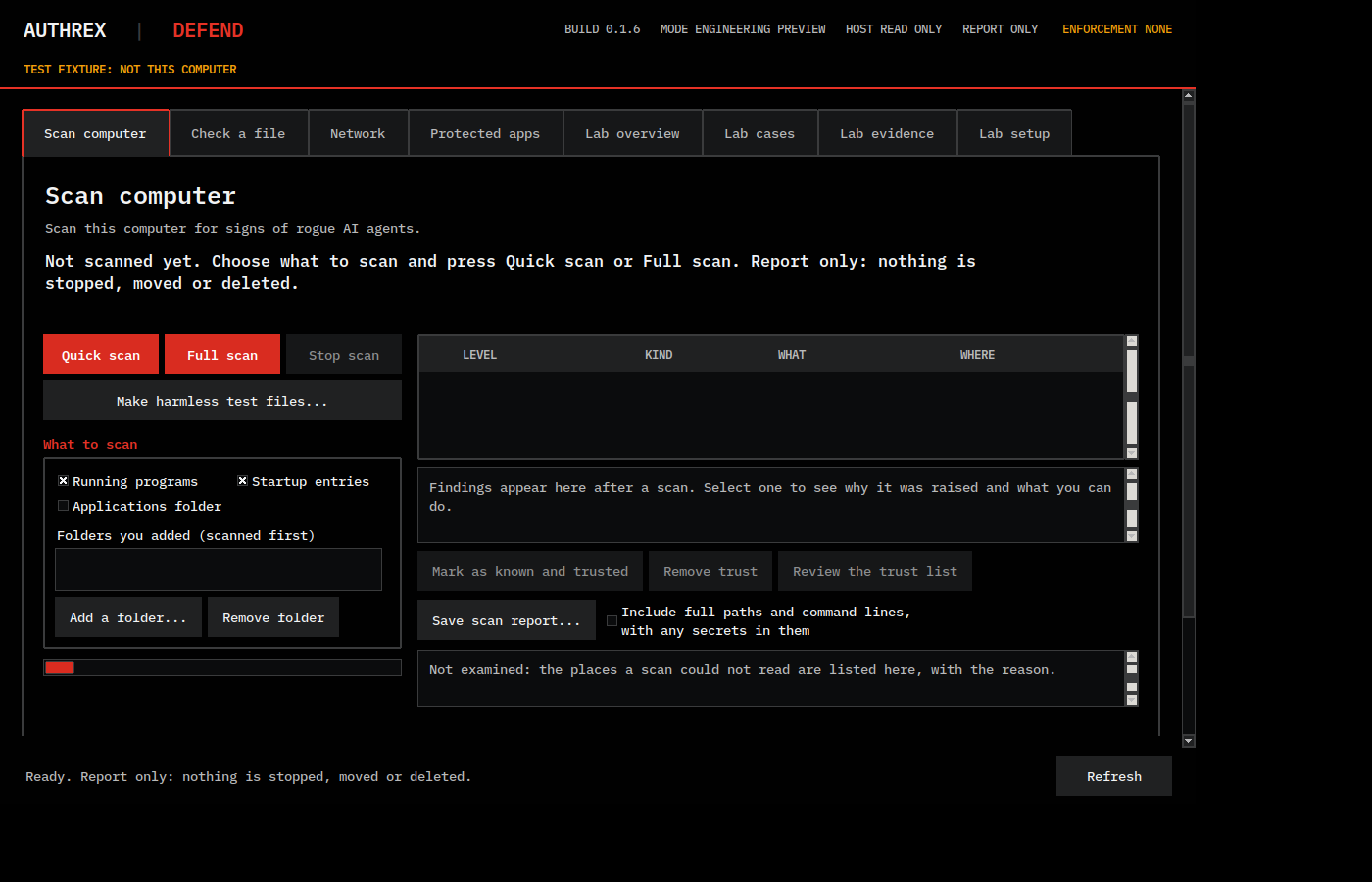 The Scan computer page of AUTHREX-DEFEND 0.1.6 before a scan, on test fixture data: the Quick scan, Full scan and test kit buttons, the list of what to scan, and an empty findings table
