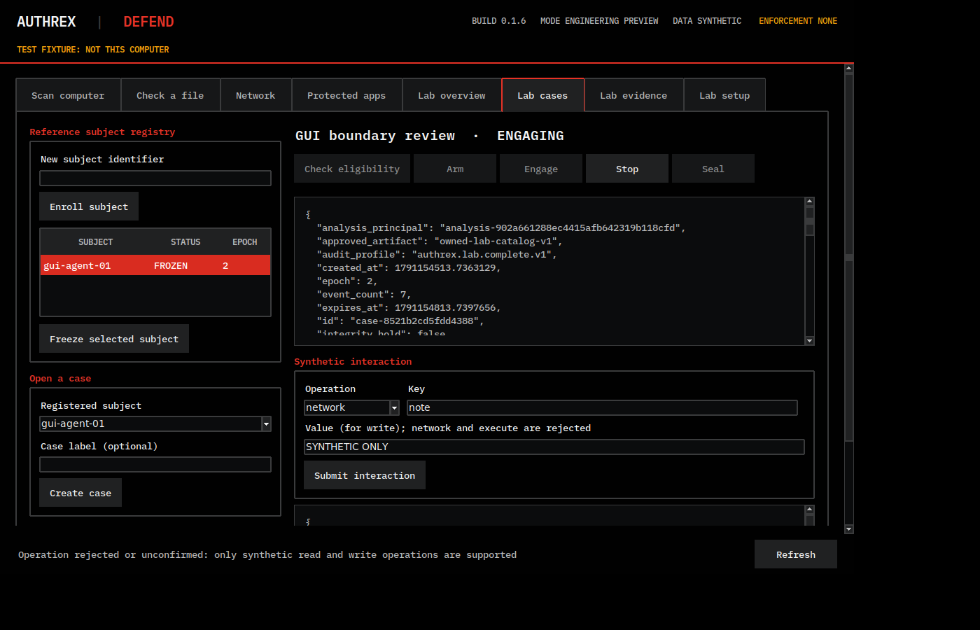The Lab cases page of AUTHREX-DEFEND 0.1.6 on test fixture data: a synthetic subject marked FROZEN and a synthetic case in the ENGAGING state