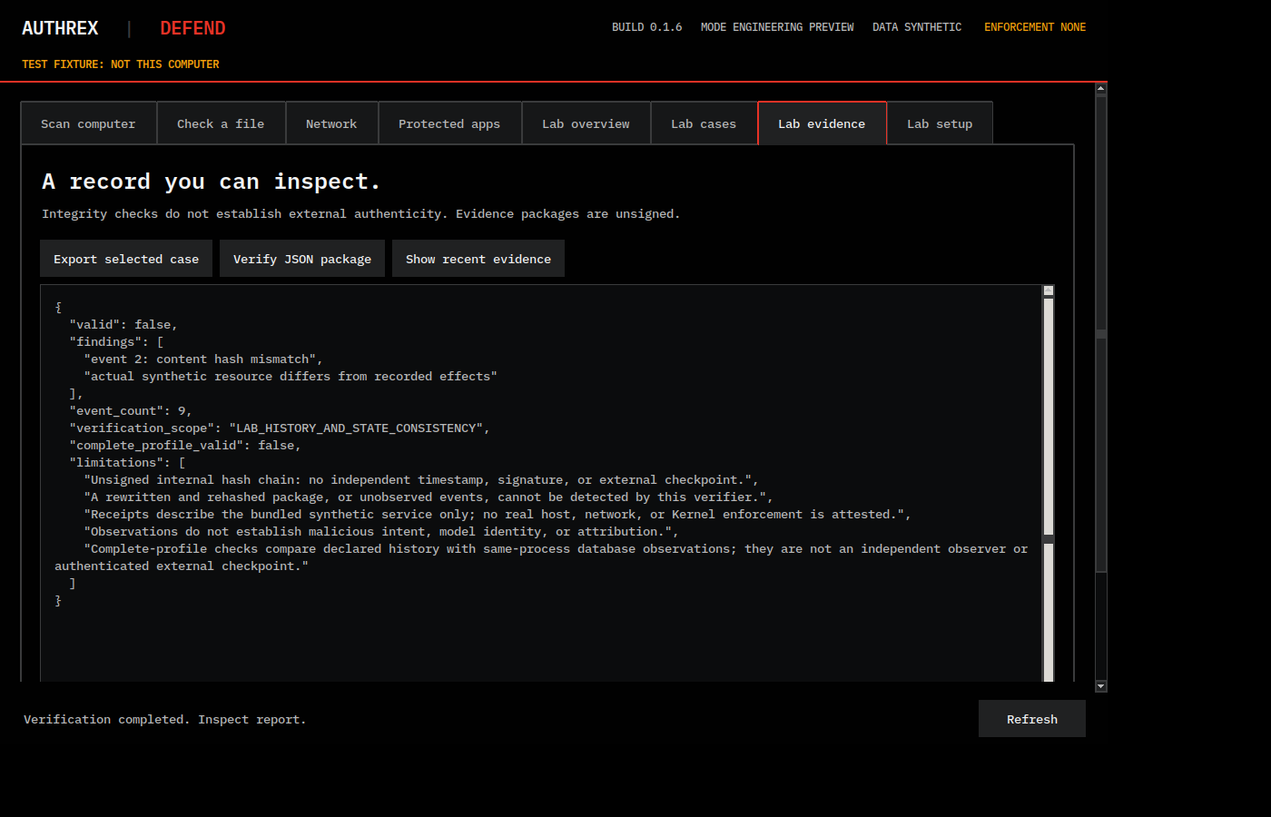 The Lab evidence page of AUTHREX-DEFEND 0.1.6 on test fixture data: the offline check of a synthetic evidence package, with its findings and its stated limits